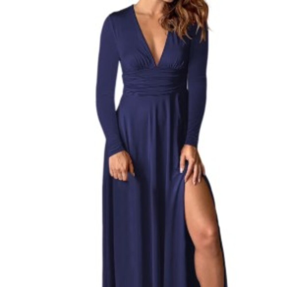 Full Length Faux Wrap Blue Dress with side slit Large